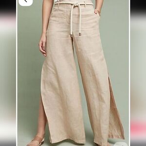 Elevenses Anthropology Brighton Beige Wide-Leg Linen Pants With Open Side Slits.